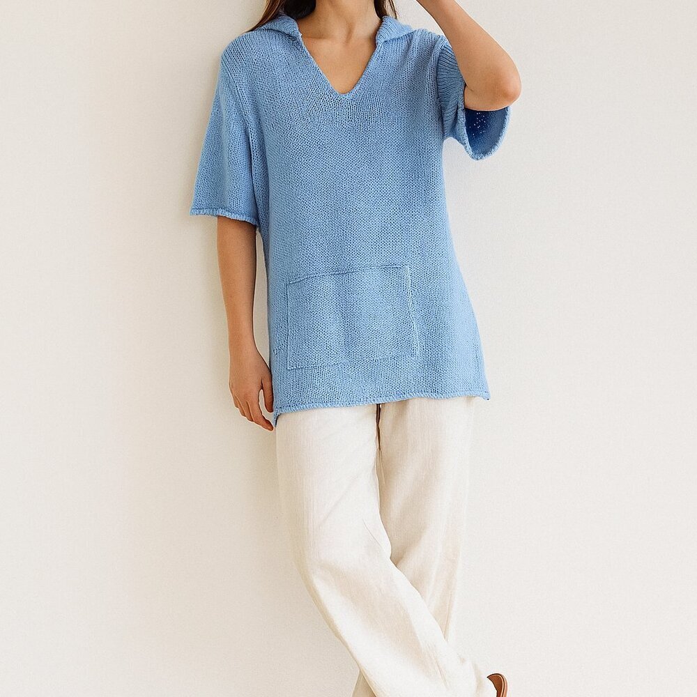 J. Jill Sky Blue Knit Hoodie Tunic Top M Coastal Layering Minimalist V-Neck